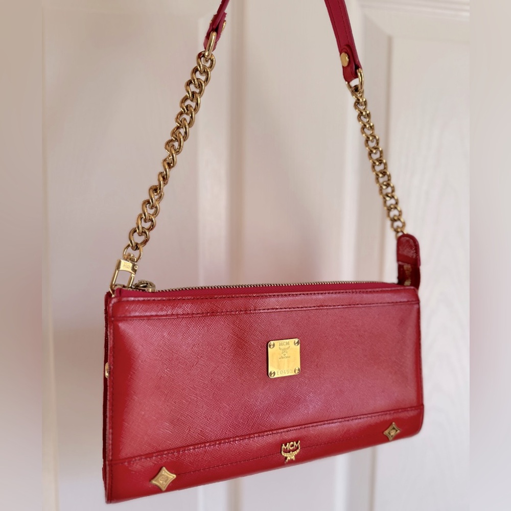 MCM Red Glazed Leather Shoulder Bag W/ Gold Hardware
